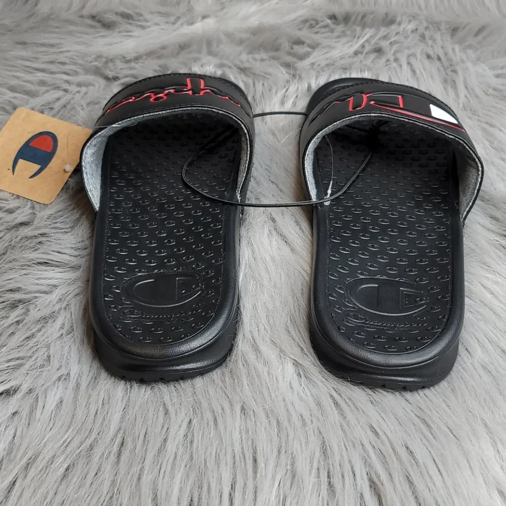 Champion Super Slide Split Script Logo Black Red Flip Flops